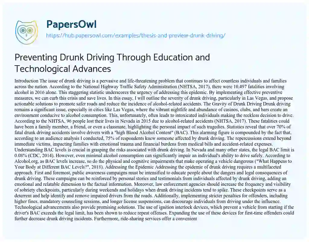 Essay on Preventing Drunk Driving Through Education and Technological Advances