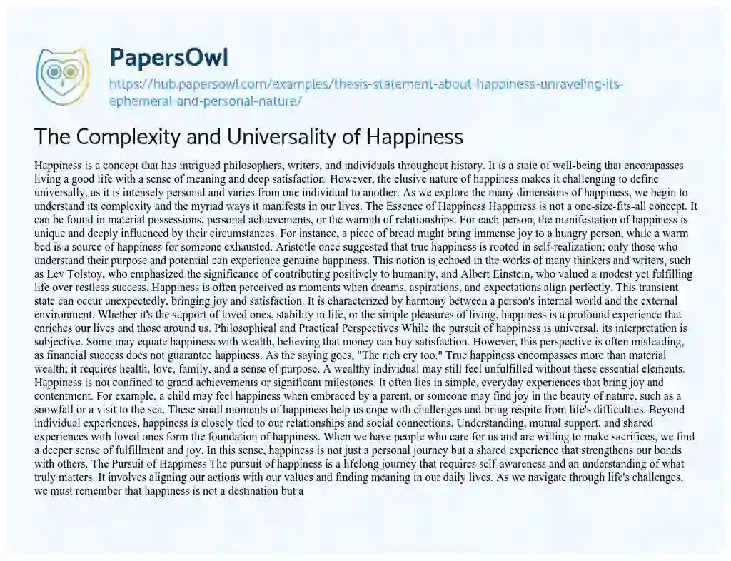 Essay on The Complexity and Universality of Happiness