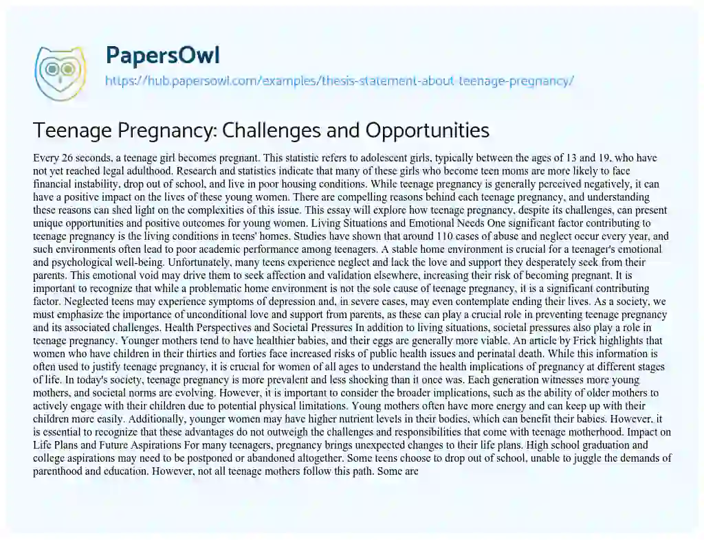 Essay on Teenage Pregnancy: Challenges and Opportunities