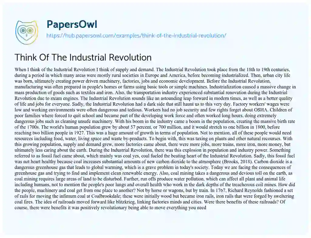 Essay on Think Of The Industrial Revolution