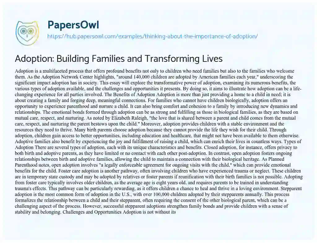Essay on Adoption: Building Families and Transforming Lives