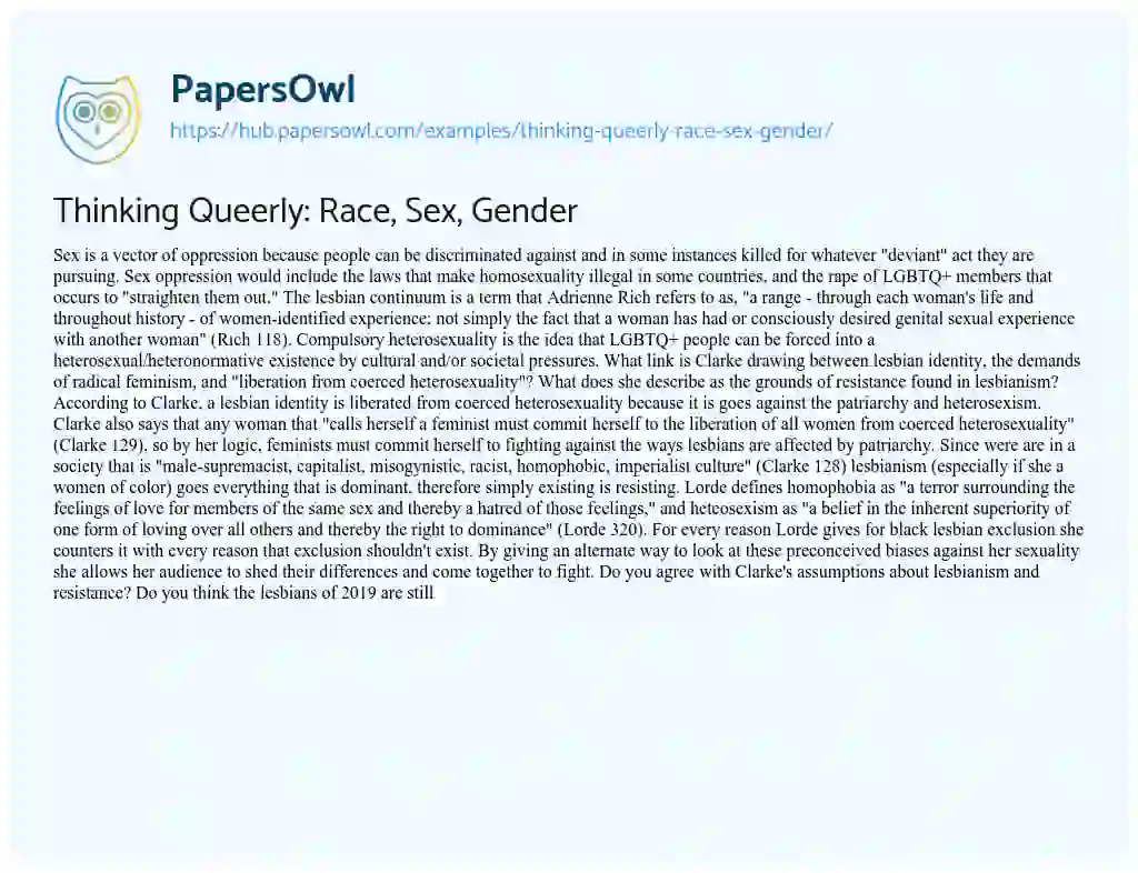 Essay on Thinking Queerly: Race, Sex, Gender