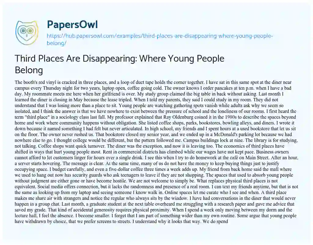 Essay on Third Places Are Disappearing: Where Young People Belong
