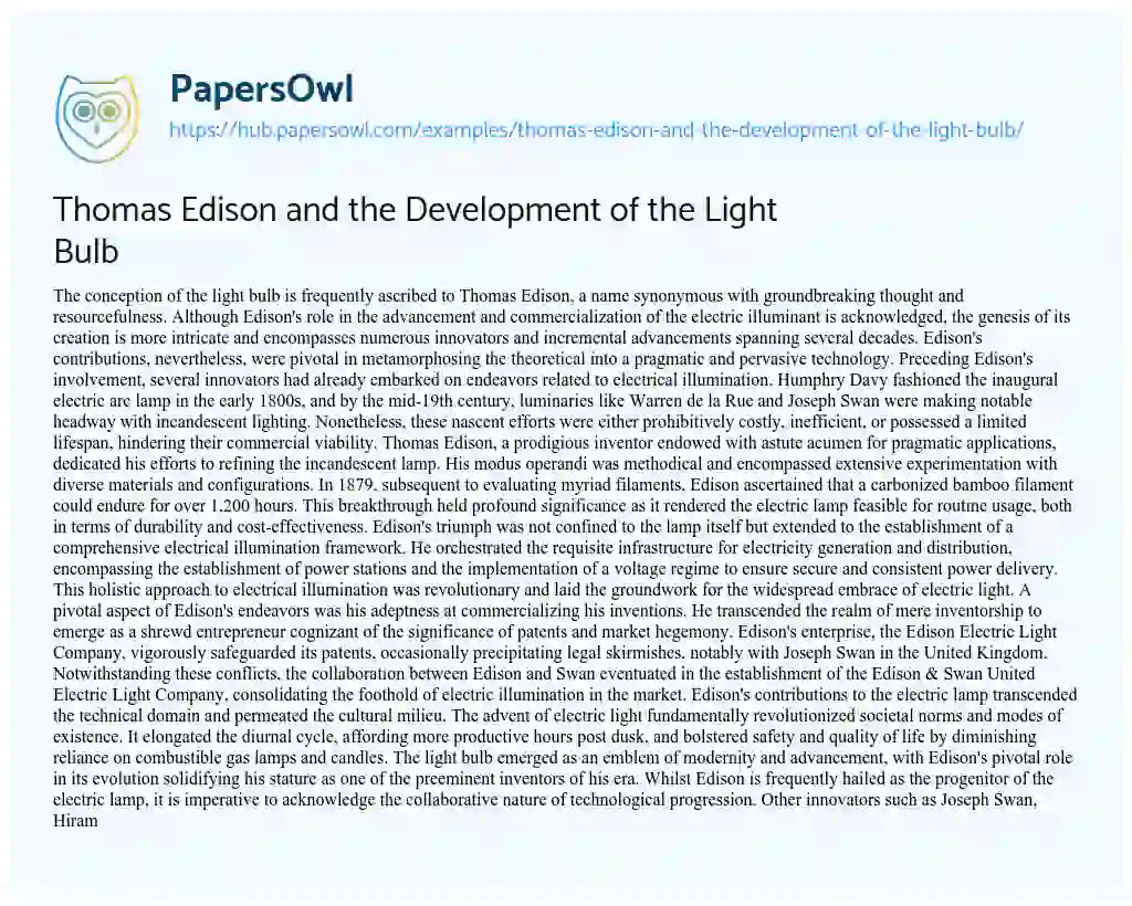 Essay on Thomas Edison and the Development of the Light Bulb