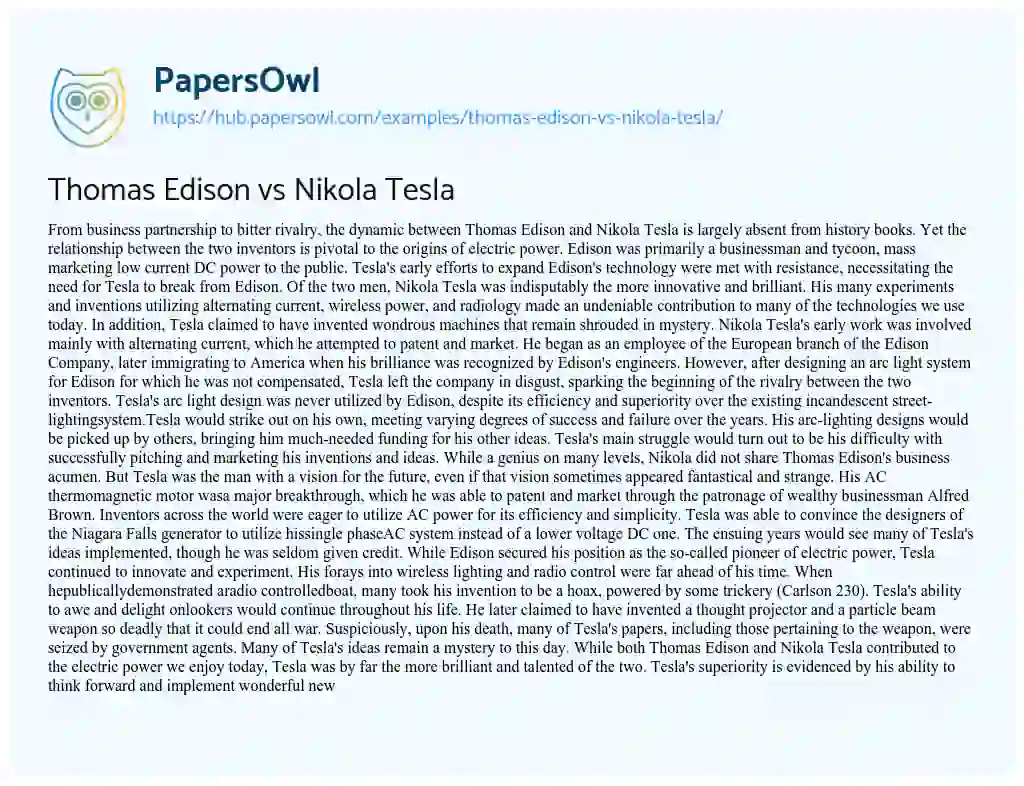 Essay on Thomas Edison vs Nikola Tesla