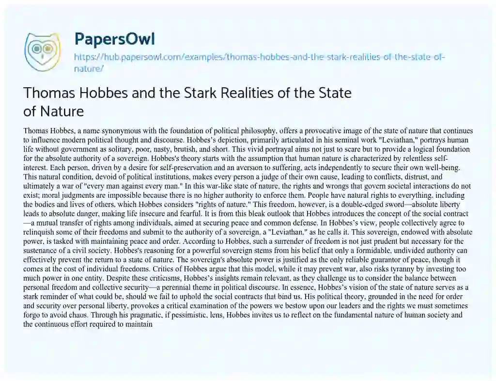 Essay on Thomas Hobbes and the Stark Realities of the State of Nature