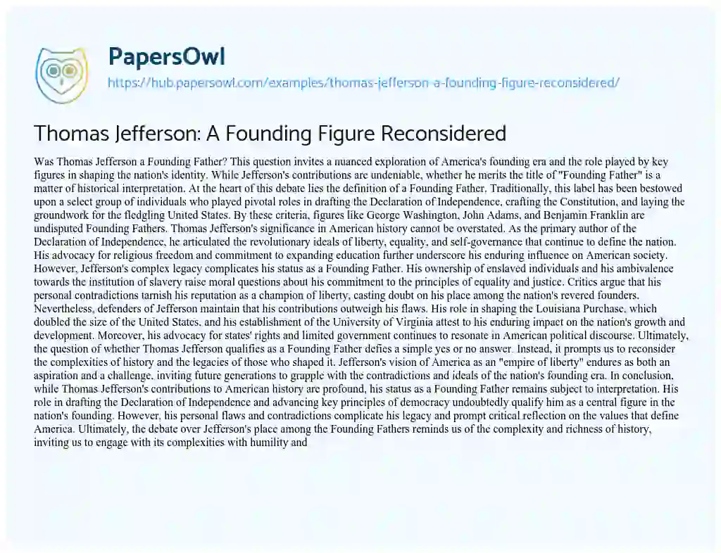 Essay on Thomas Jefferson: A Founding Figure Reconsidered