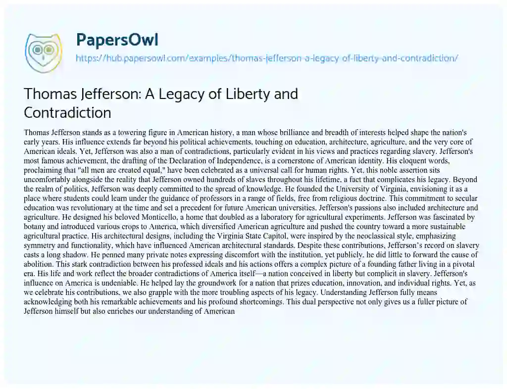 Essay on Thomas Jefferson: A Legacy of Liberty and Contradiction