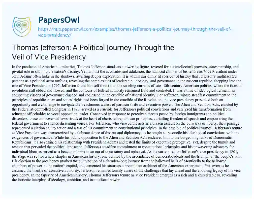 Essay on Thomas Jefferson: A Political Journey Through the Veil of Vice Presidency