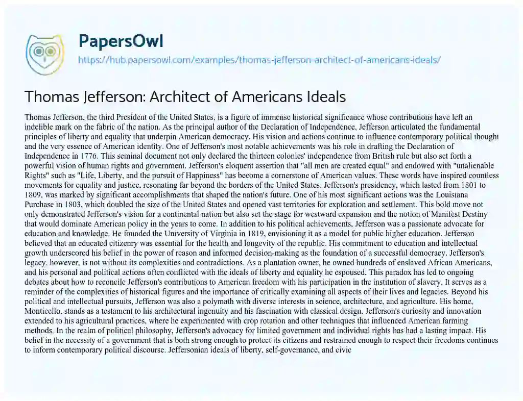 Essay on Thomas Jefferson: Architect of Americans Ideals