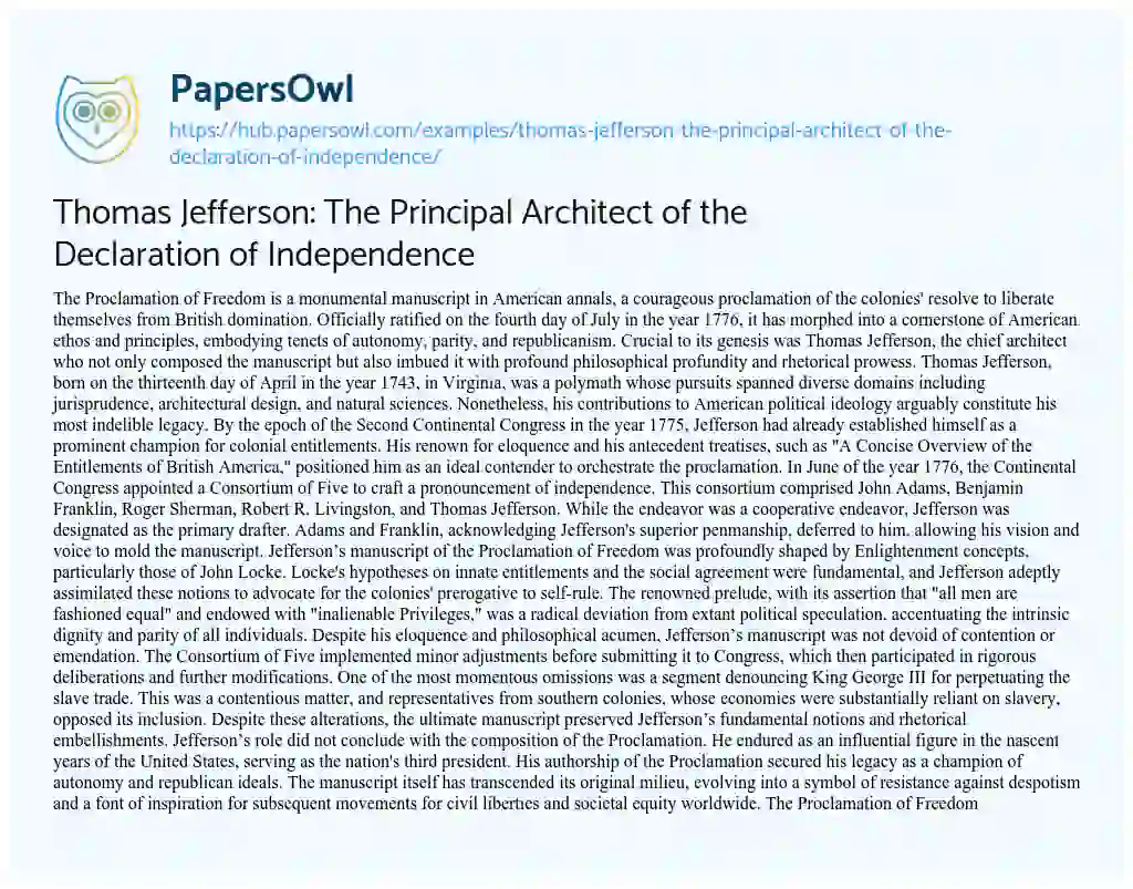 Essay on Thomas Jefferson: The Principal Architect of the Declaration of Independence