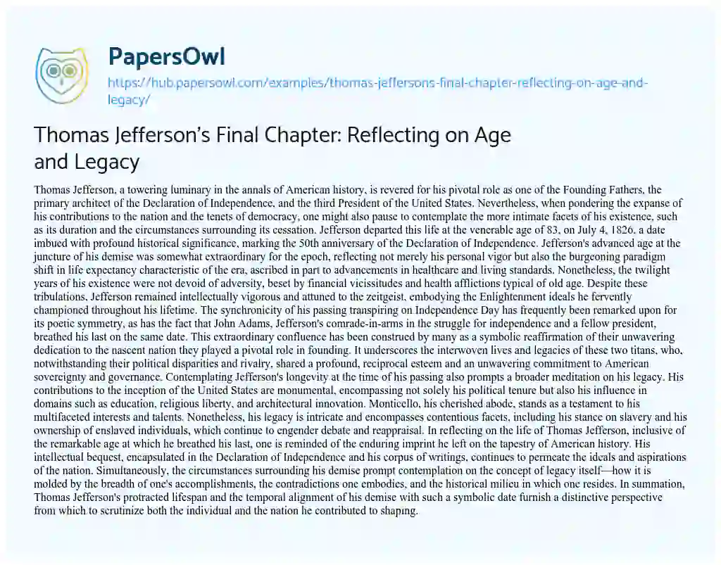 Essay on Thomas Jefferson’s Final Chapter: Reflecting on Age and Legacy