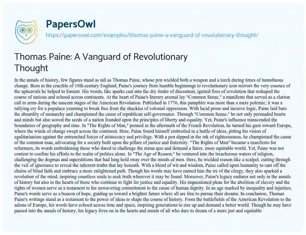 Essay on Thomas Paine: A Vanguard of Revolutionary Thought