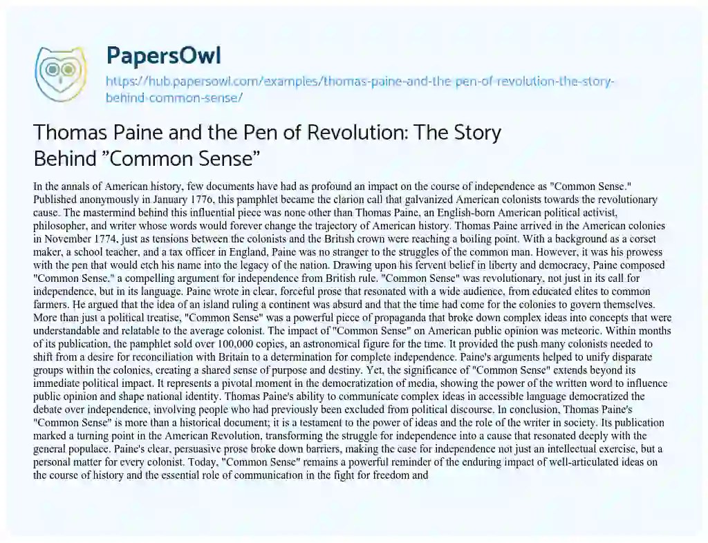 Essay on Thomas Paine and the Pen of Revolution: The Story Behind “Common Sense”
