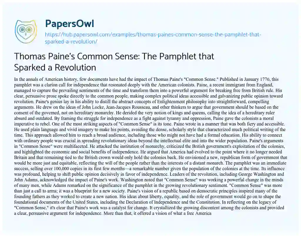 Essay on Thomas Paine’s Common Sense: The Pamphlet that Sparked a Revolution
