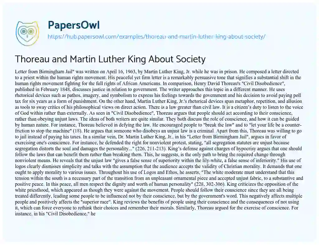 Essay on Thoreau and Martin Luther King About Society