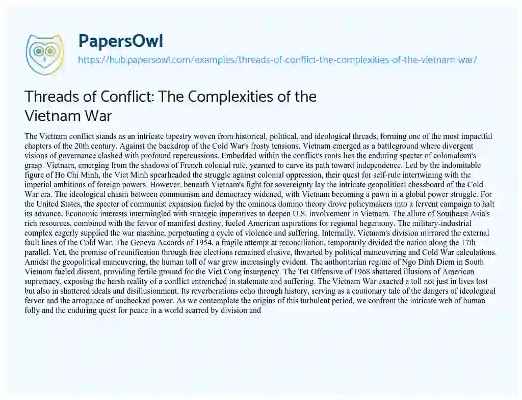 Essay on Threads of Conflict: The Complexities of the Vietnam War