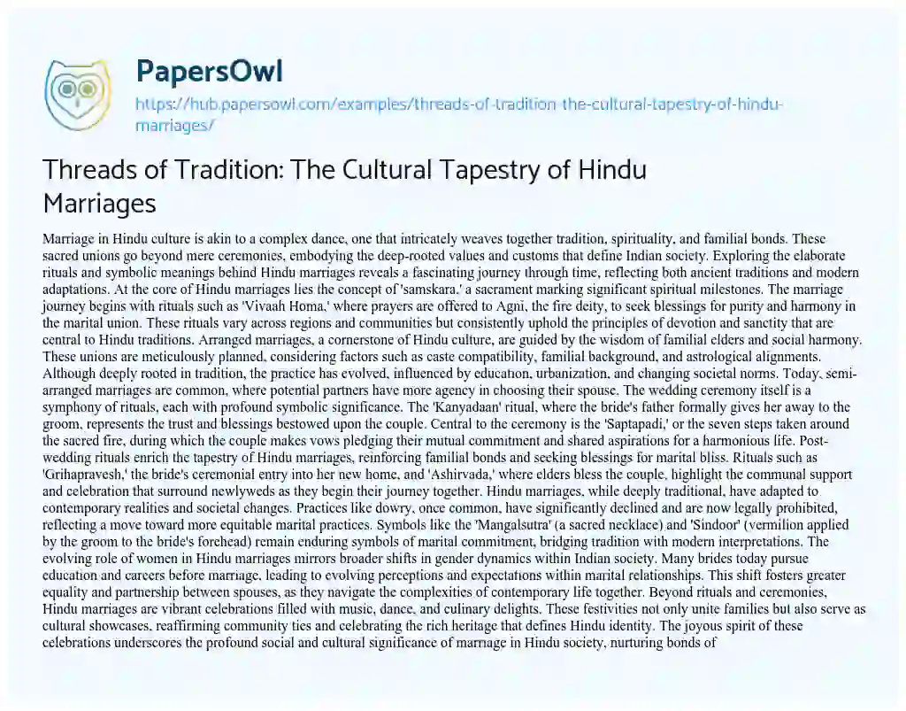 Essay on Threads of Tradition: The Cultural Tapestry of Hindu Marriages