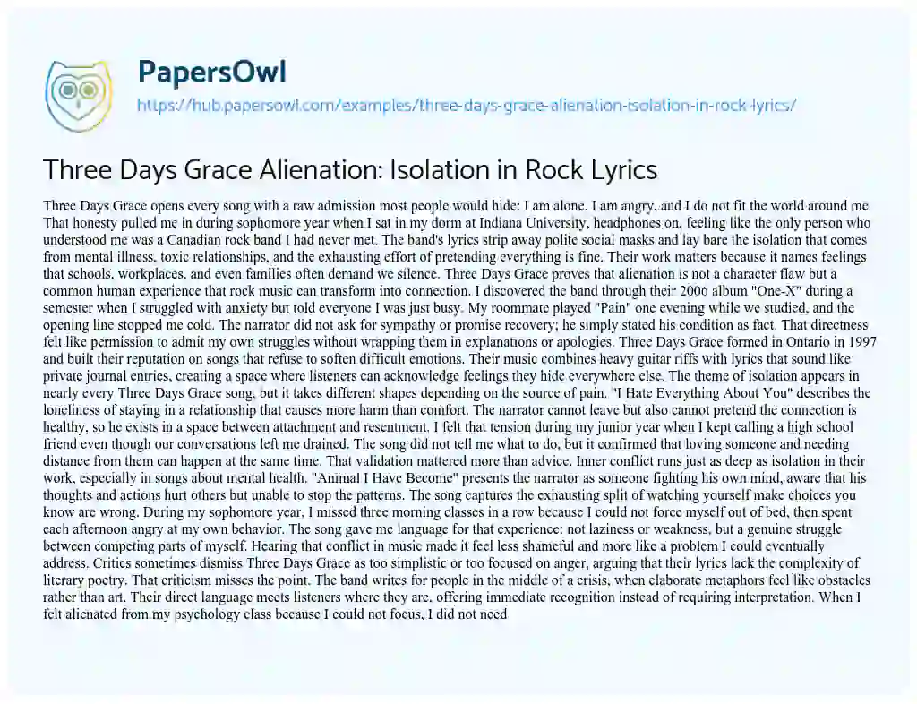 Essay on Three Days Grace Alienation: Isolation in Rock Lyrics