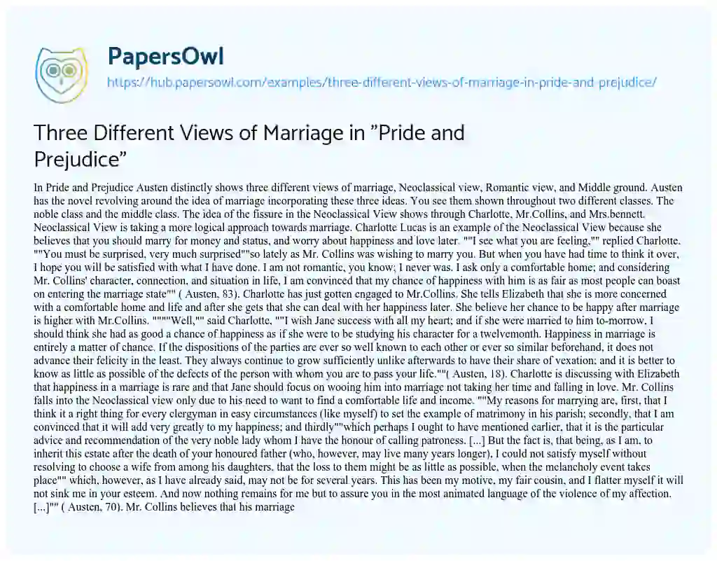 Essay on Three Different Views of Marriage in “Pride and Prejudice”