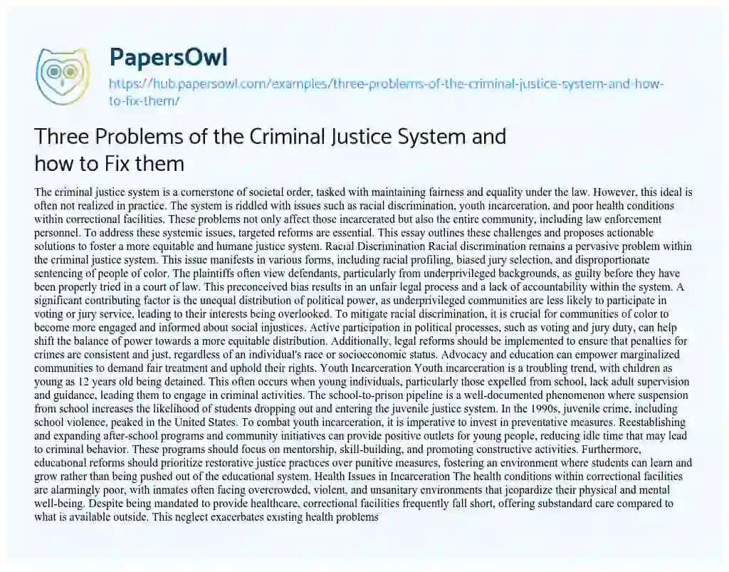 Essay on Three Problems of the Criminal Justice System and how to Fix them
