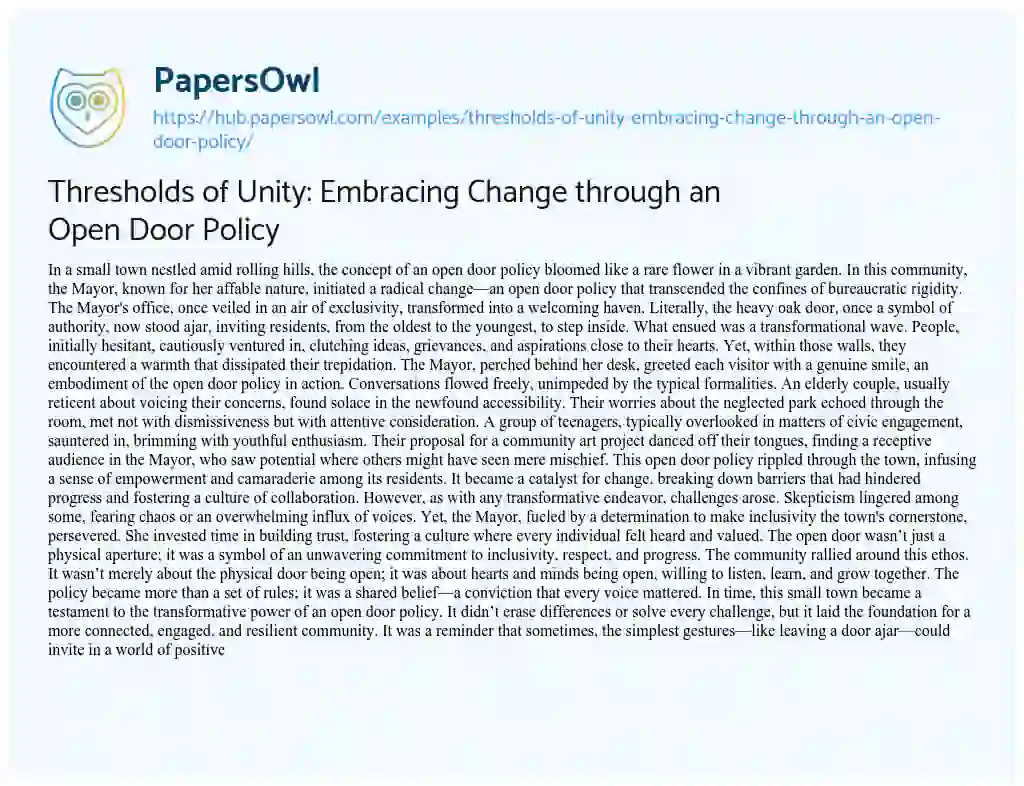 Essay on Thresholds of Unity: Embracing Change through an Open Door Policy
