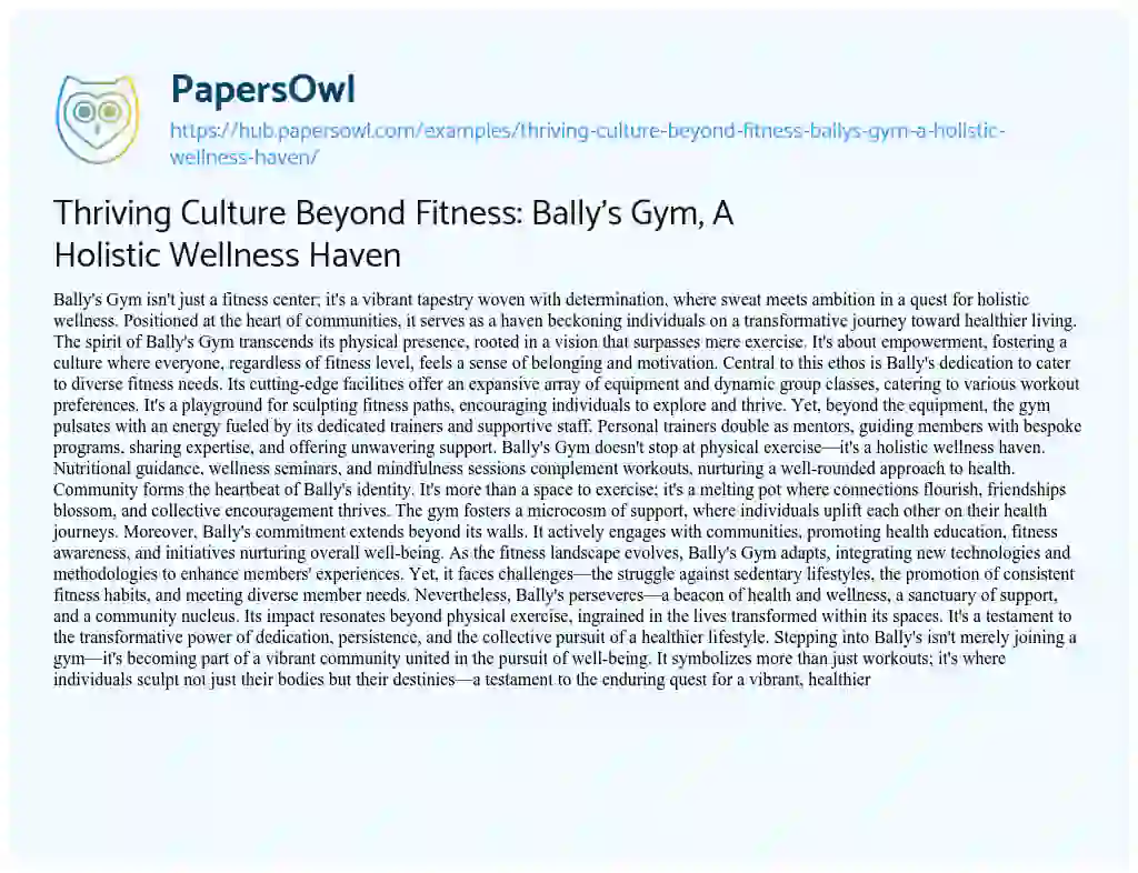 Essay on Thriving Culture Beyond Fitness: Bally’s Gym, A Holistic Wellness Haven
