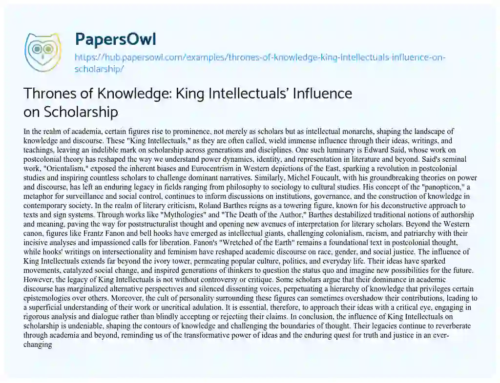 Essay on Thrones of Knowledge: King Intellectuals’ Influence on Scholarship