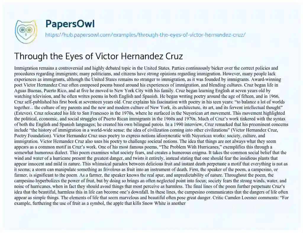 Essay on Through the Eyes of Victor Hernandez Cruz