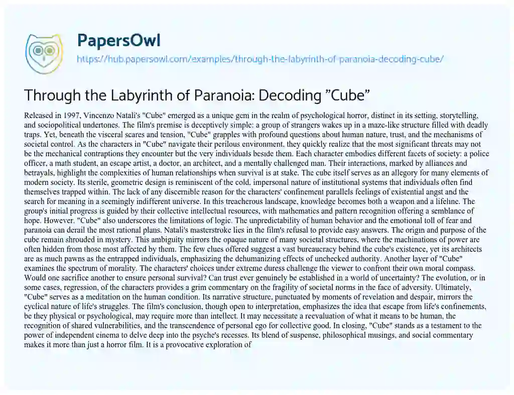 Essay on Through the Labyrinth of Paranoia: Decoding “Cube”