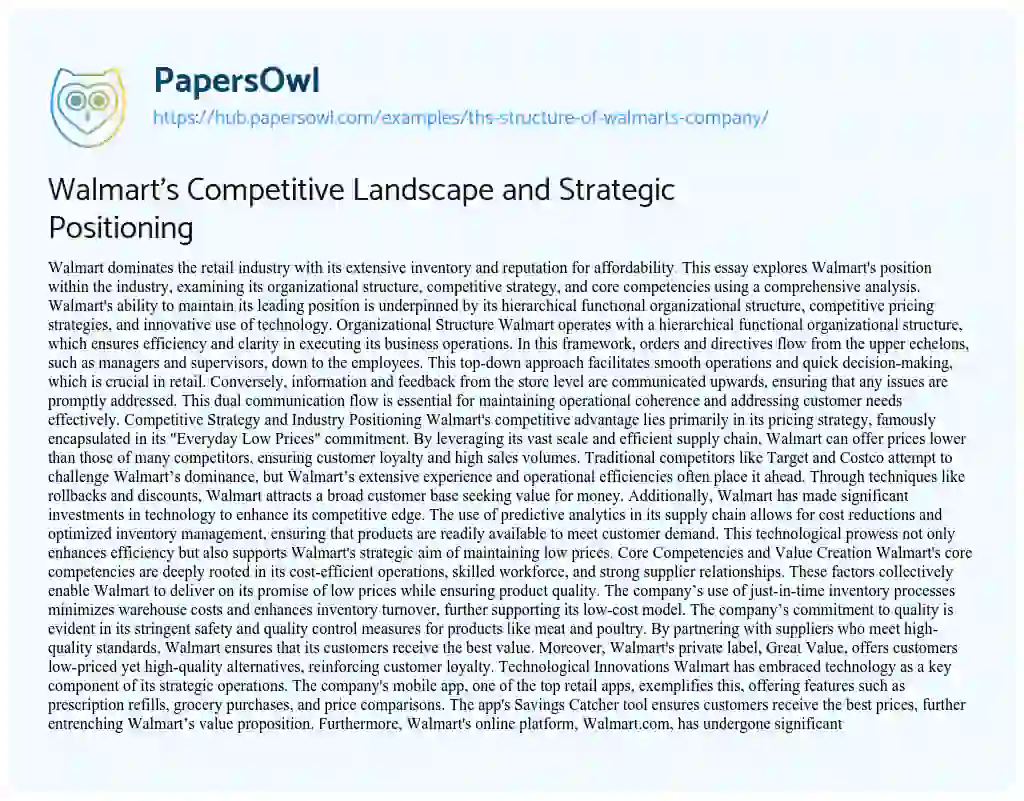 Essay on Walmart’s Competitive Landscape and Strategic Positioning