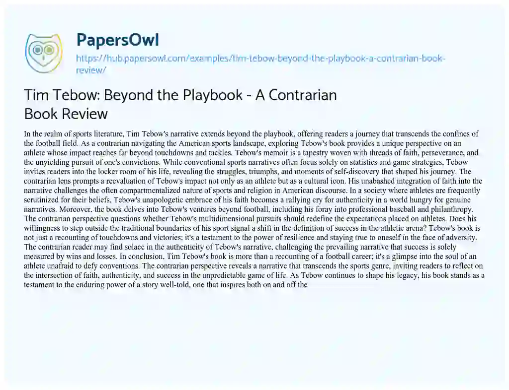 Essay on Tim Tebow: Beyond the Playbook – A Contrarian Book Review