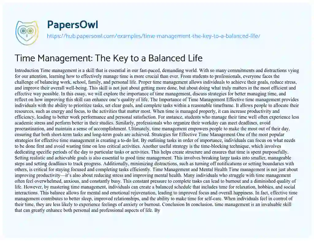 Essay on Time Management: The Key to a Balanced Life