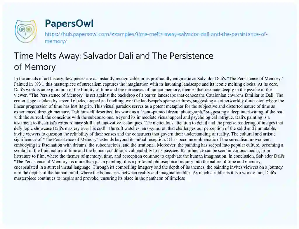 Essay on Time Melts Away: Salvador Dali and The Persistence of Memory