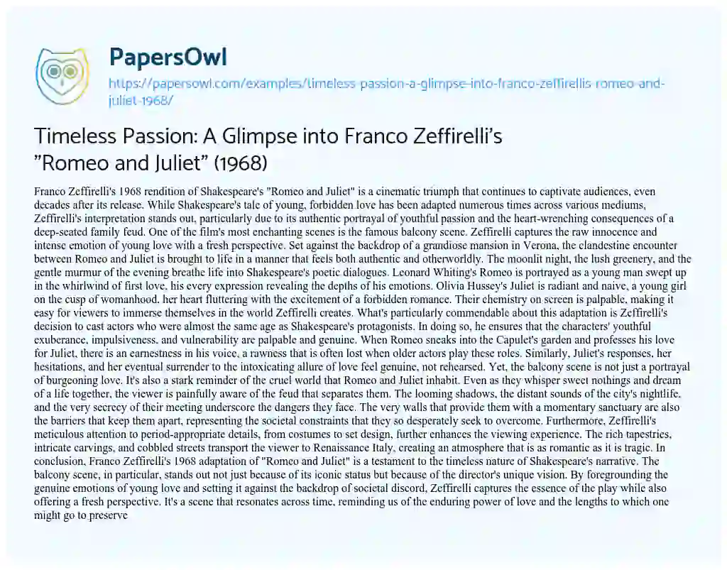 Essay on Timeless Passion: A Glimpse into Franco Zeffirelli’s “Romeo and Juliet” (1968)