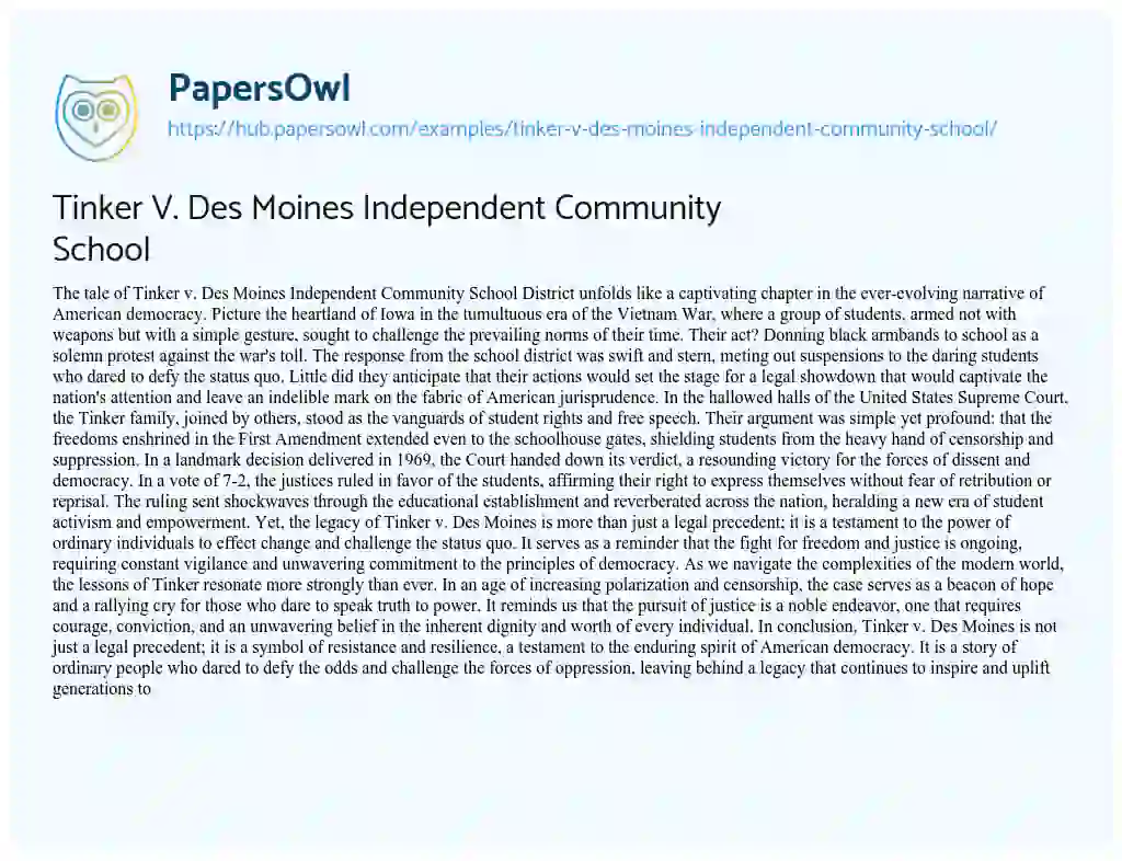 Essay on Tinker V. Des Moines Independent Community School