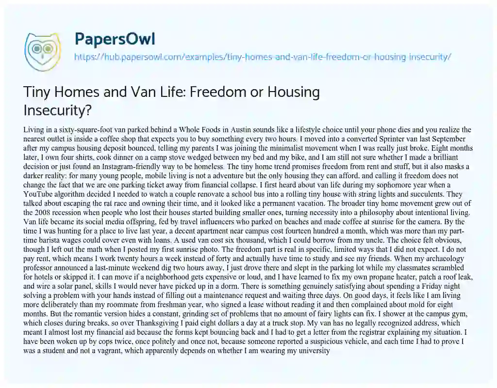 Essay on Tiny Homes and Van Life: Freedom or Housing Insecurity?