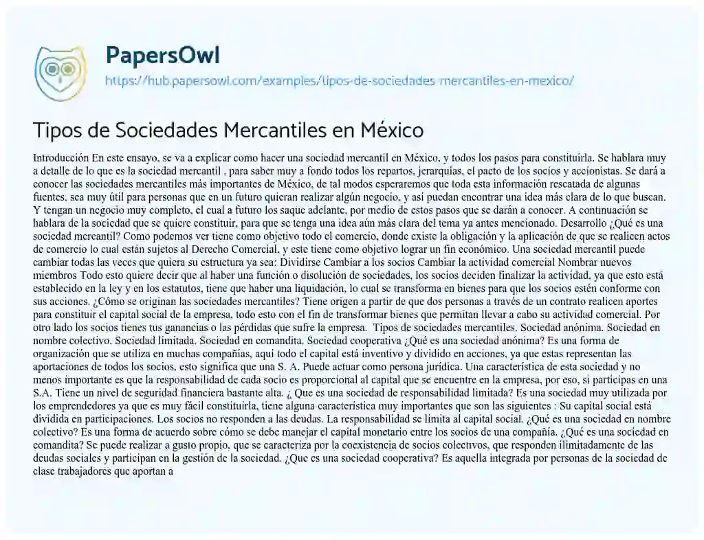 Essay on Tipos de Sociedades Mercantiles en México