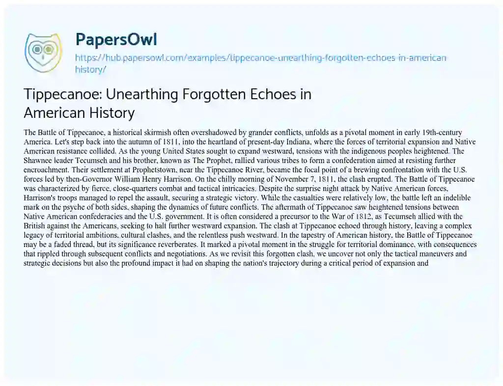 Essay on Tippecanoe: Unearthing Forgotten Echoes in American History