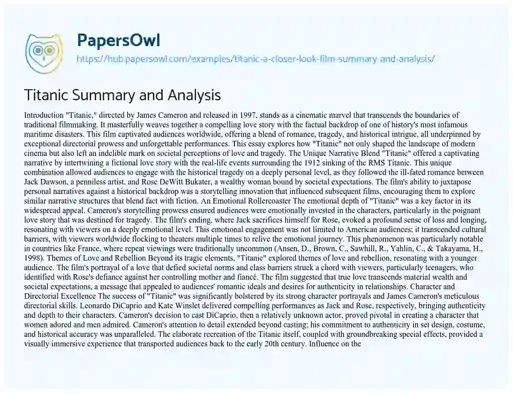 Essay on Titanic Summary and Analysis