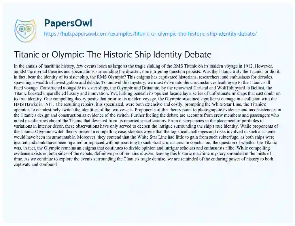 Essay on Titanic or Olympic: The Historic Ship Identity Debate