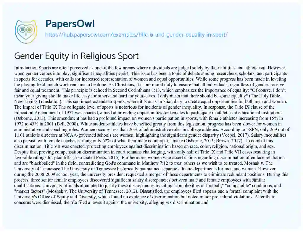 Essay on Gender Equity in Religious Sport