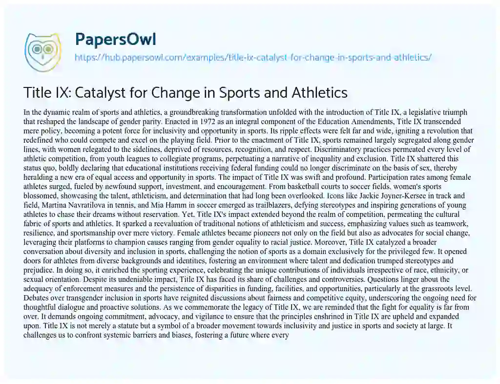 Essay on Title IX: Catalyst for Change in Sports and Athletics