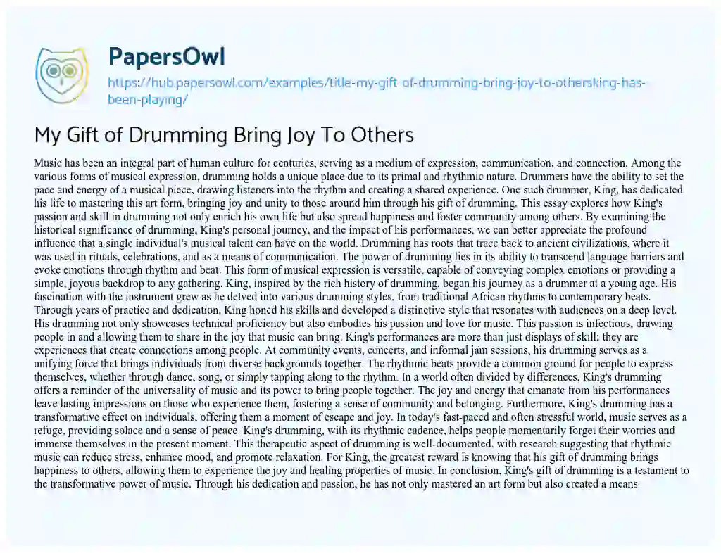 Essay on My Gift of Drumming Bring Joy To Others