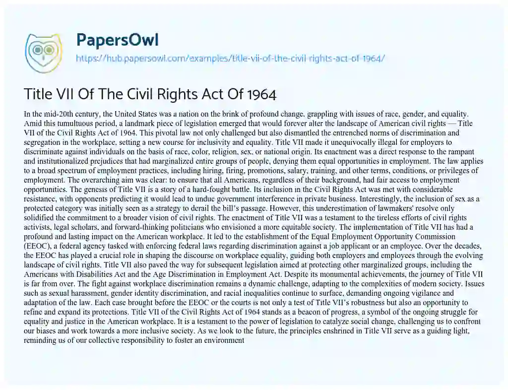Essay on Title VII Of The Civil Rights Act Of 1964