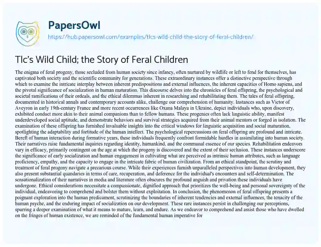 Essay on Tlc’s Wild Child; the Story of Feral Children