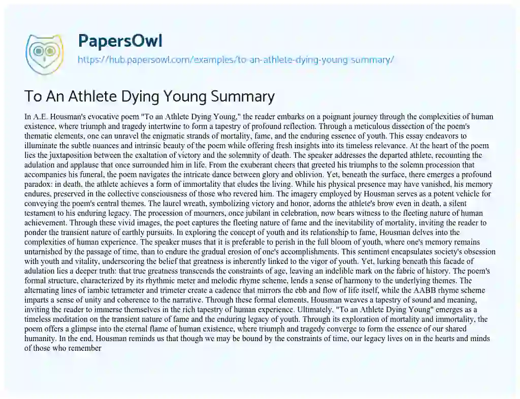 Essay on To An Athlete Dying Young Summary