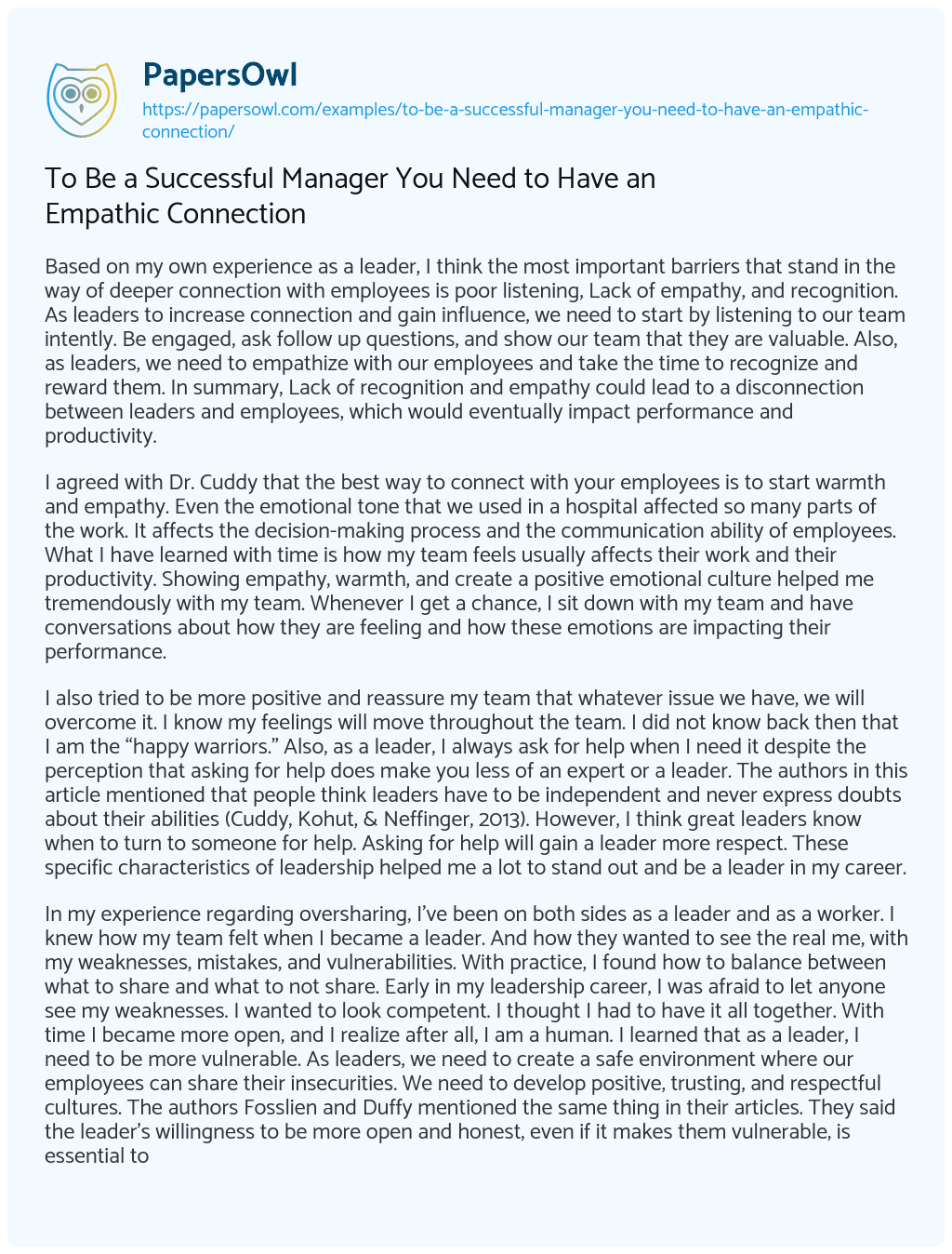 Essay on To Be a Successful Manager You Need to Have an Empathic Connection