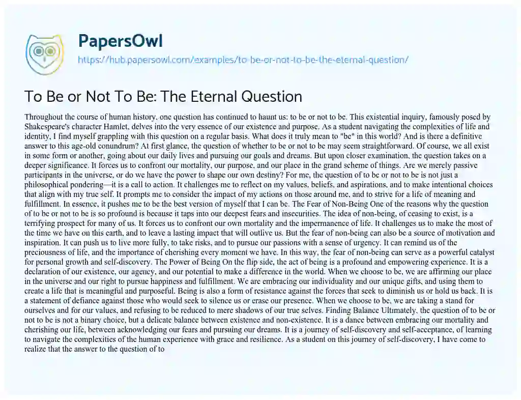 Essay on To Be or Not To Be: The Eternal Question