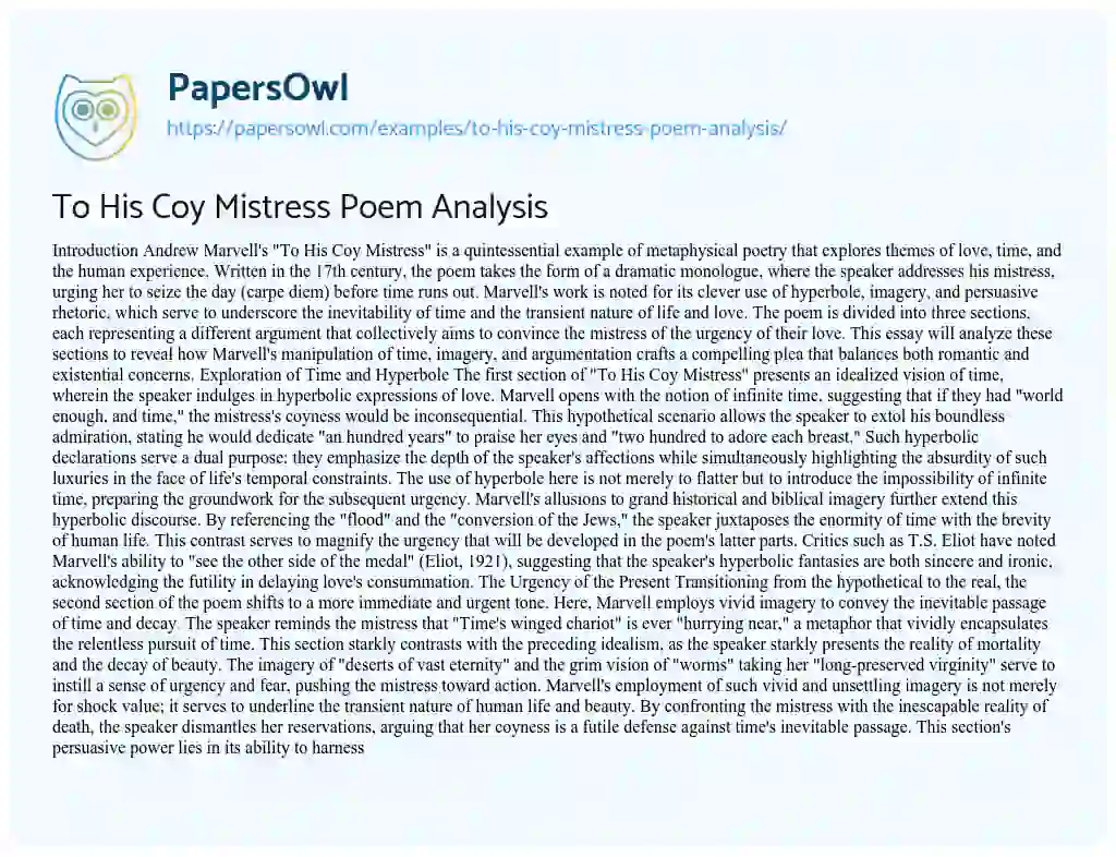 Essay on To His Coy Mistress Poem Analysis